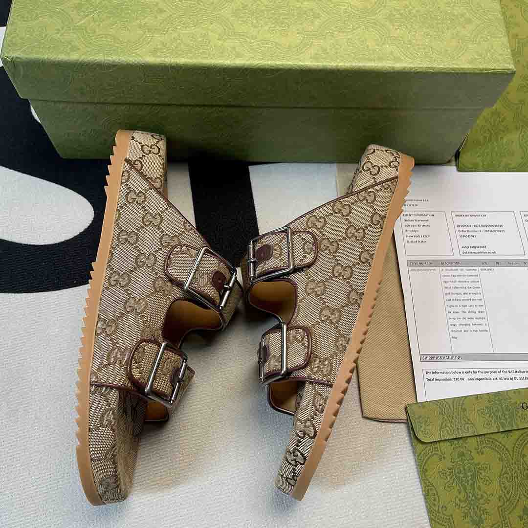 Dép Gucci Slide Sandal with Straps siêu cấp màu nâu 