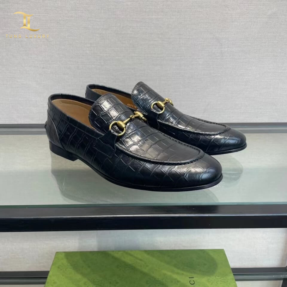 Giày lười Gucci Jordaan Crocodile Loafer vân rạn màu đen