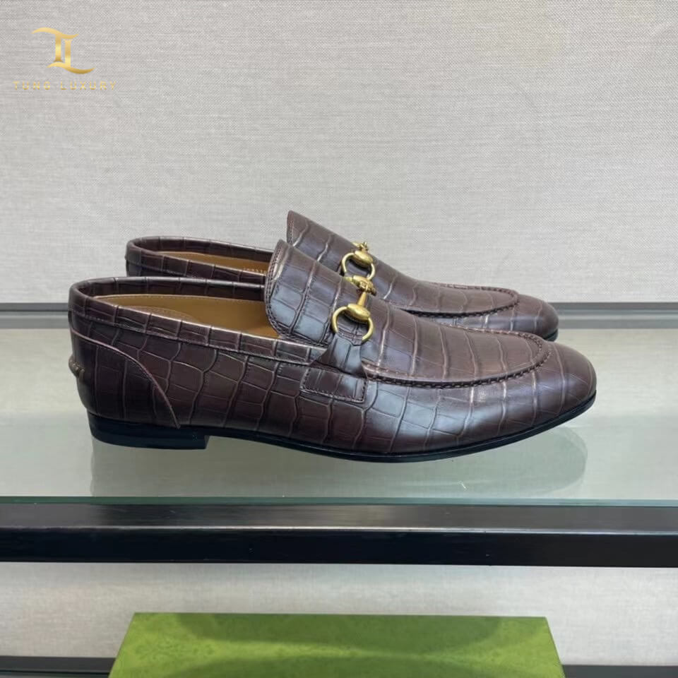 Giày lười Gucci Jordaan Crocodile Loafer vân rạn màu nâu