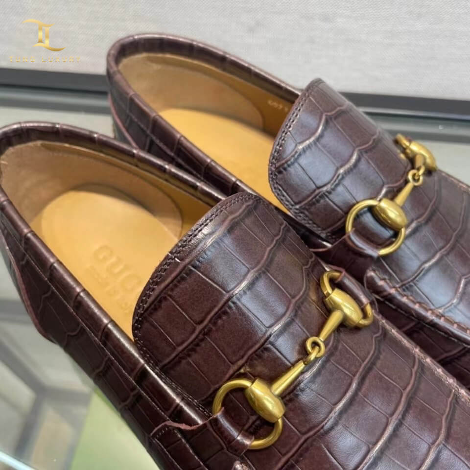 Giày lười Gucci Jordaan Crocodile Loafer vân rạn màu nâu