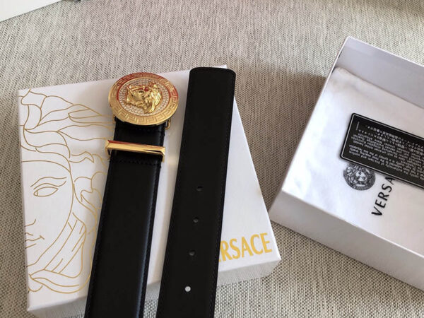 Thắt lưng Versace siêu cấp khóa logo tròn đính đá màu vàng