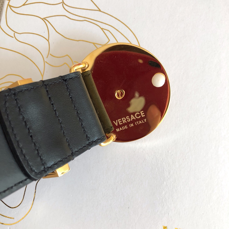 Thắt lưng Versace siêu cấp khóa logo tròn đính đá màu vàng