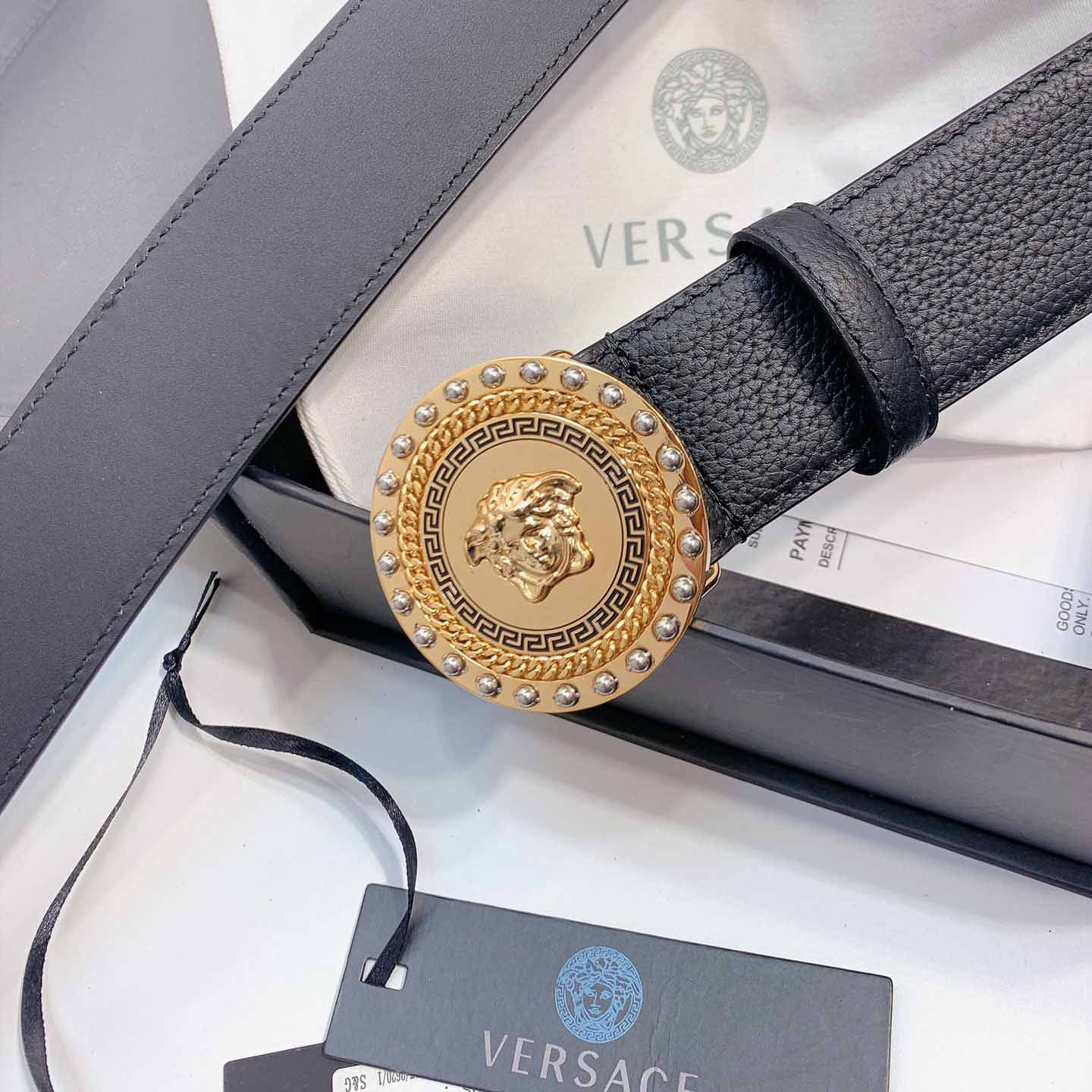 Thắt lưng Versace siêu cấp khóa tròn họa tiết đính ốc màu vàng