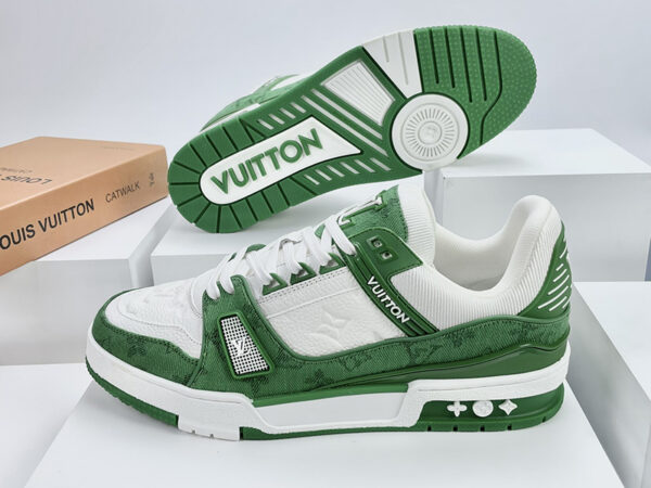 Giày Louis Vuitton LV Trainer White Green Monogram Denim Xanh Like Auth